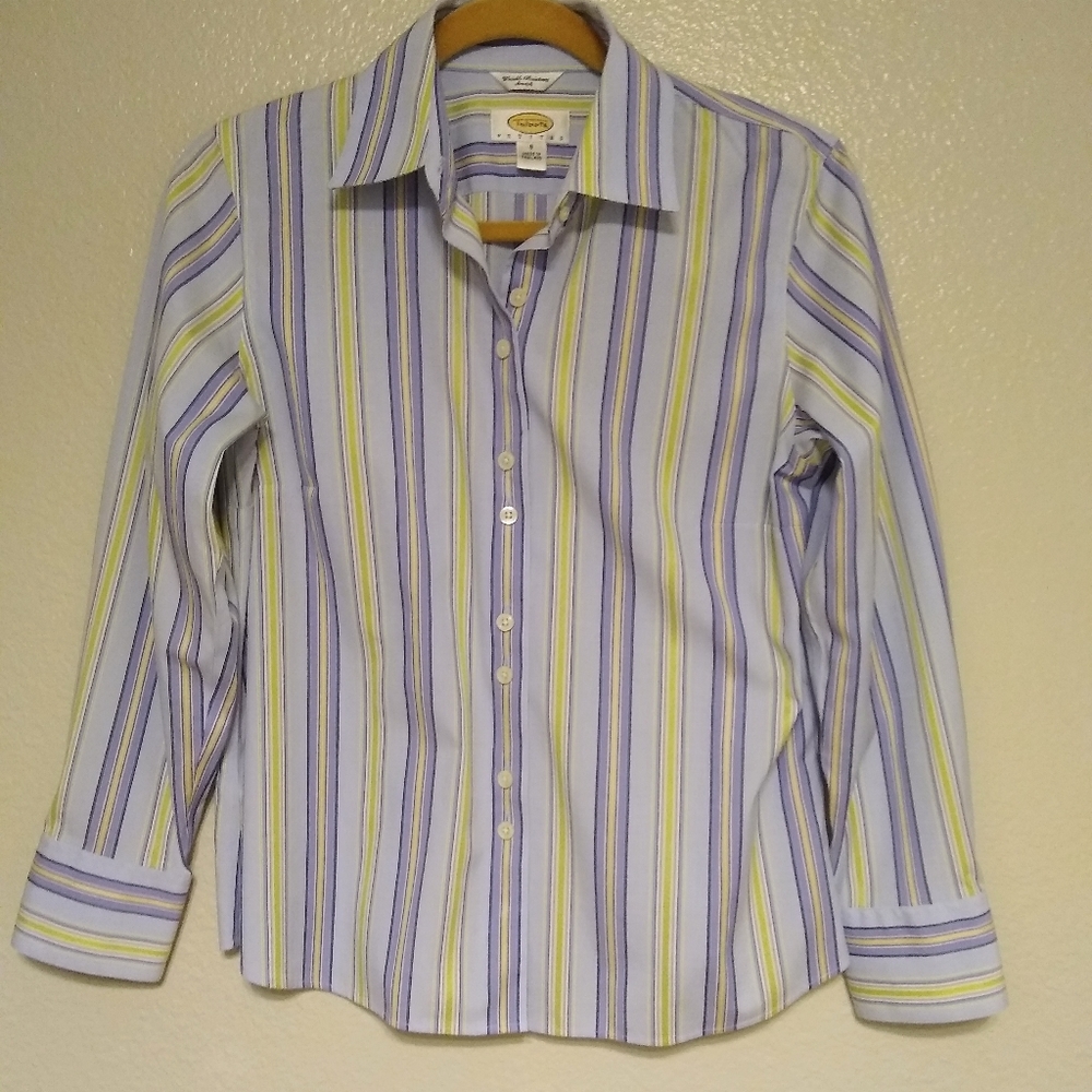 TALBOTS Wrinkle Resistant stretch  cotton blue striped shirt, 8P